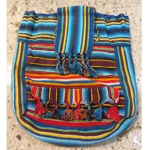 Vintage Woven Striped Backpack Boho Baja Festival Bag Tassel Fringe Multi Color
